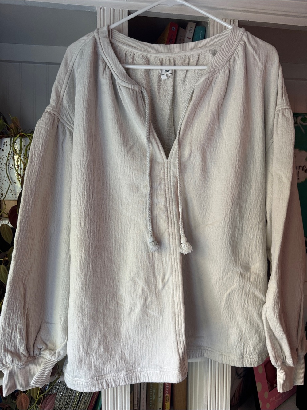 aerie Cream V-Neck Tie Pullover Hoodie